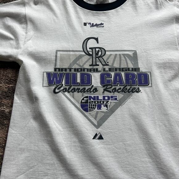 Men's Colorado Rockies Wild Card MLB NLDS 2007 White Ringer Tee Shirt Sz Medium - Picture 2 of 5